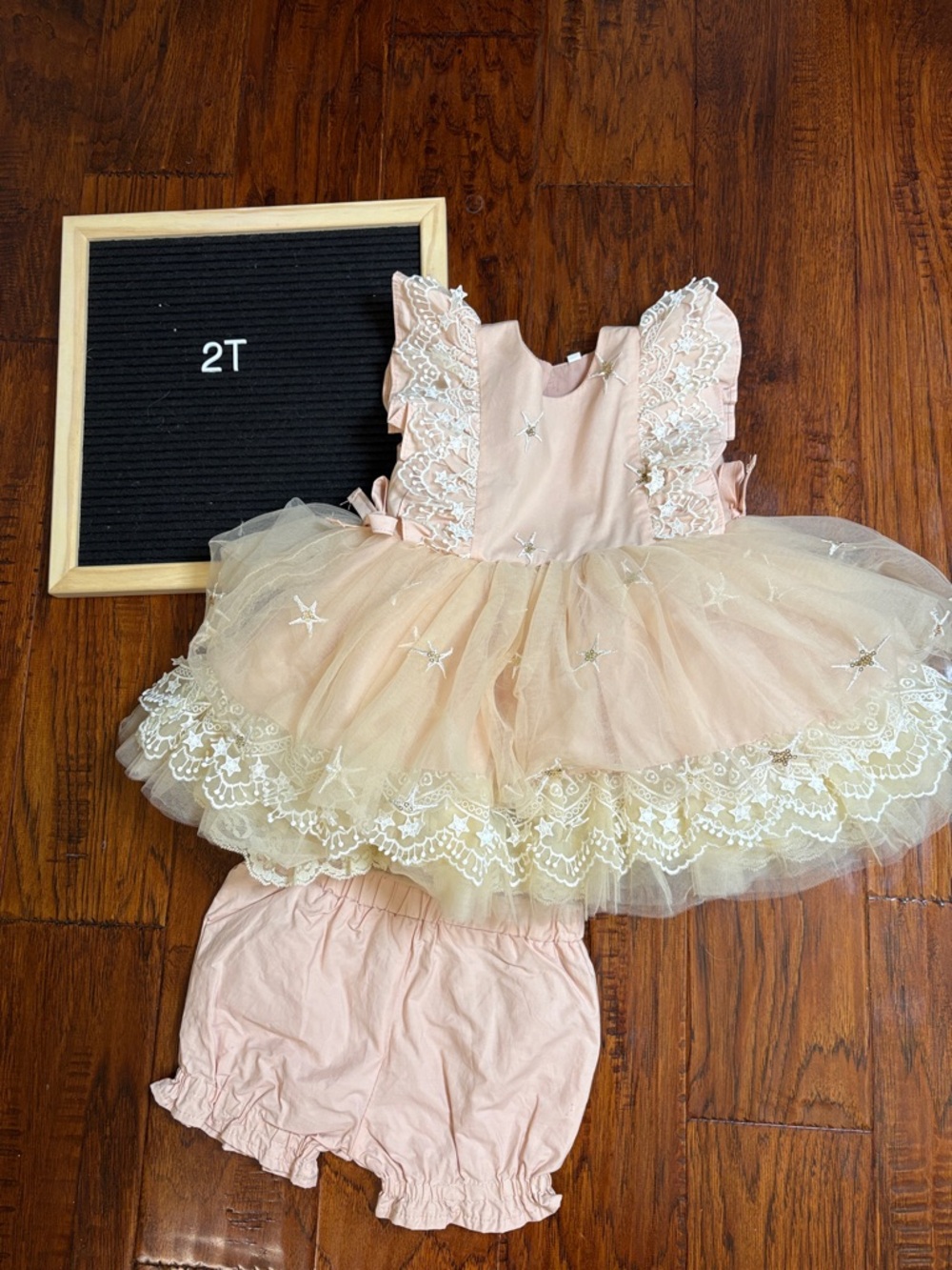 Peach Tutu Dress with Lace & Star Embroidery